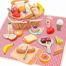 Wooden Picnic Basket Toy Set with Realistic Play Food - Kids Pretend Play Kitche