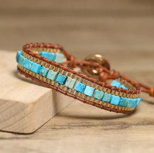 Natural Sea Sediment Jasper Stone Leather Healing Reiki Bohemian Bracelet