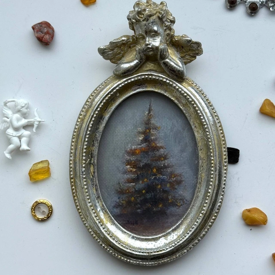 Pintura a óleo de inverno árvore de Natal original assinada arte vitoriana antiga emoldurada - Imagem 3 de 4