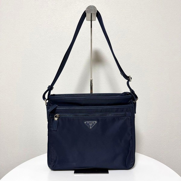 PRADA Nylon Triangle Logo Shoulder Bag Navy Authentic Lightweight Crossbody