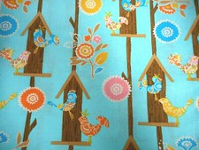 Cotton Fabric By Yard SALE Yellow Blue White Birds Birdhouses Floral on Blue PC