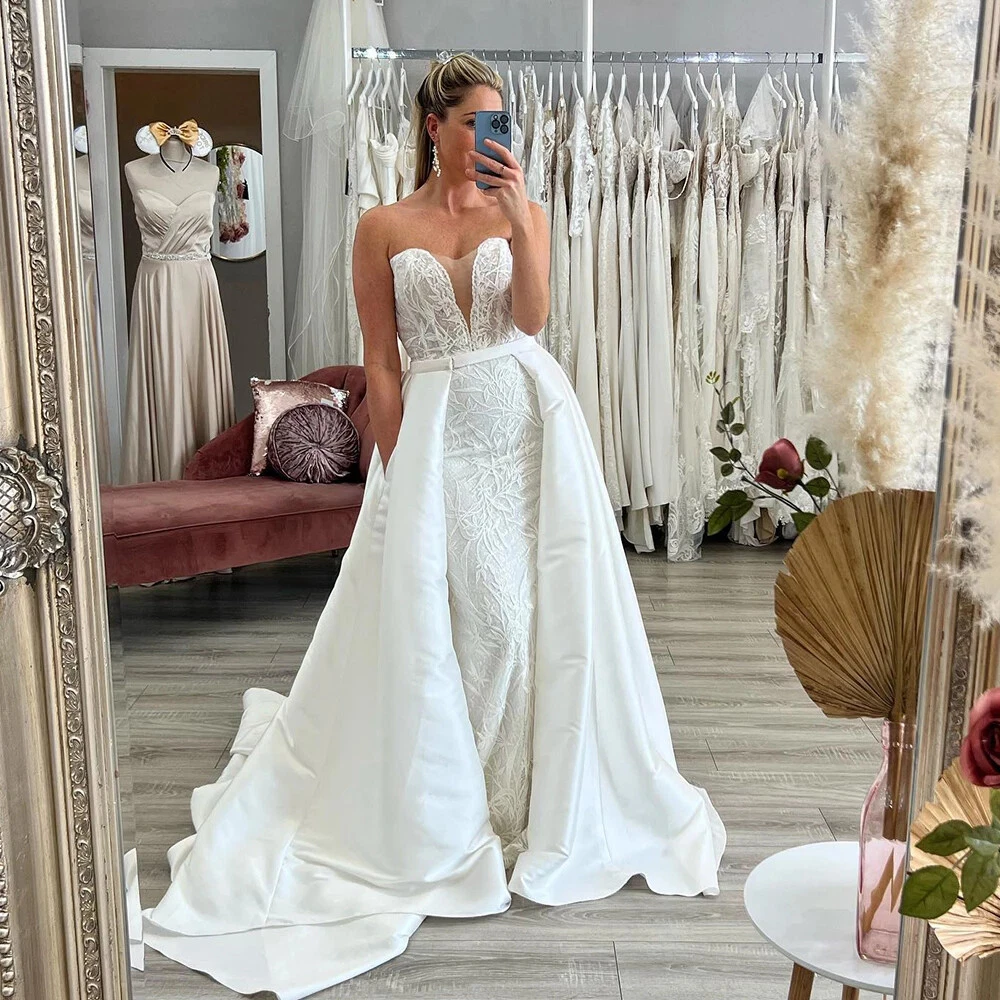 Lace Mermaid Wedding Dresses with Detachable Train Satin Strapless Bridal Gowns