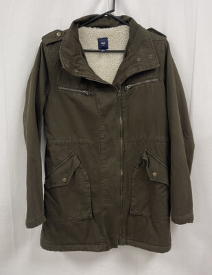 GAP Coat Green Military Sherpa Lined Field Workwear Full Zip Canvas Womens  Small