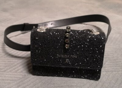 PATRIZIA PEPE Hüfttasche, Clutch, Damen, Schwarz, Glitzer, Leder, NEW