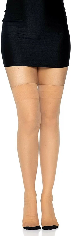 Medias Leg Avenue negras nude costura trasera tacón cubano bandas anchas parte superior hasta el muslo Foto 2 de 4