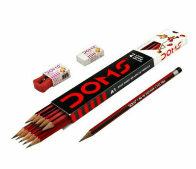 Lot of 10 Doms A1 Deep Dark Graphite Pencils 1 Sharpener & 1 Eraser Free