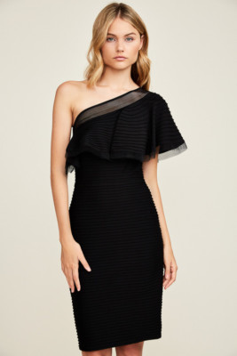 TADASHI SHOJI Black Addison One Shoulder Pintuck Stretch Jersey Sheath Dress PM