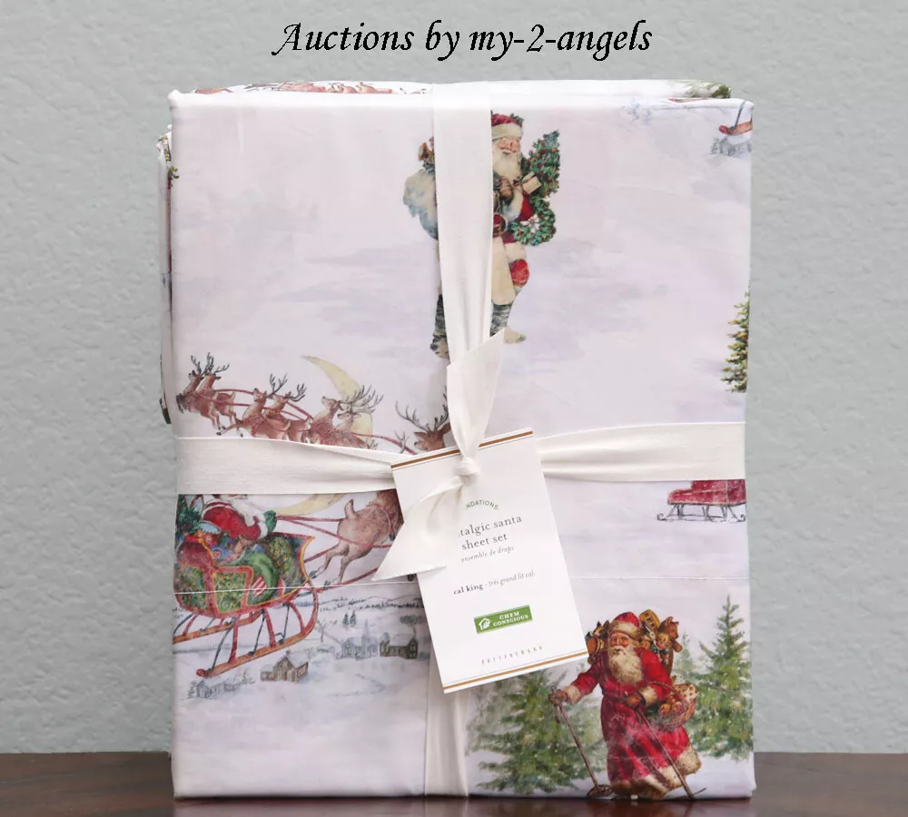 Pottery Barn NOSTALGIC SANTA Organic Cal. King Sheet Set Retro
