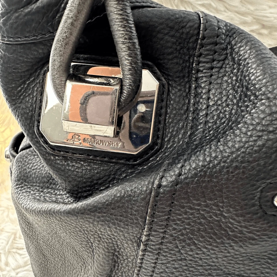 B. Makowsky Magnetic Flap Black Leather Metallic Gray Handles Shoulder Handbag - Image 4 of 4