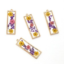 4PCS Gold Tone Real Dry Flower Resin Rectangle Charm Pendant Supply GBY407