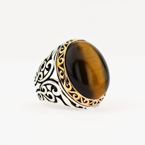 Handmade 925 Sterling Silver Genuine Tiger Eye Gemstone Men's Ring - Picture 1 of 7