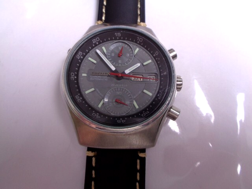 Citizen Chronograph Mens Watch Day/Date Gray Dial Left Button Leather Automatic
