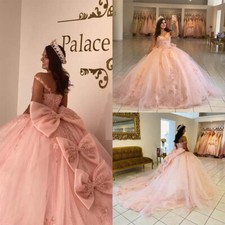 Pink Quinceanera Dresses with Bow 3D Floral Off Shoulder Sweet 15 16 Ball Gowns