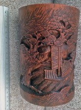 *RARE CHINESE Bamboo  BRUSH POT c1880s Nicely Carved Boat Tree