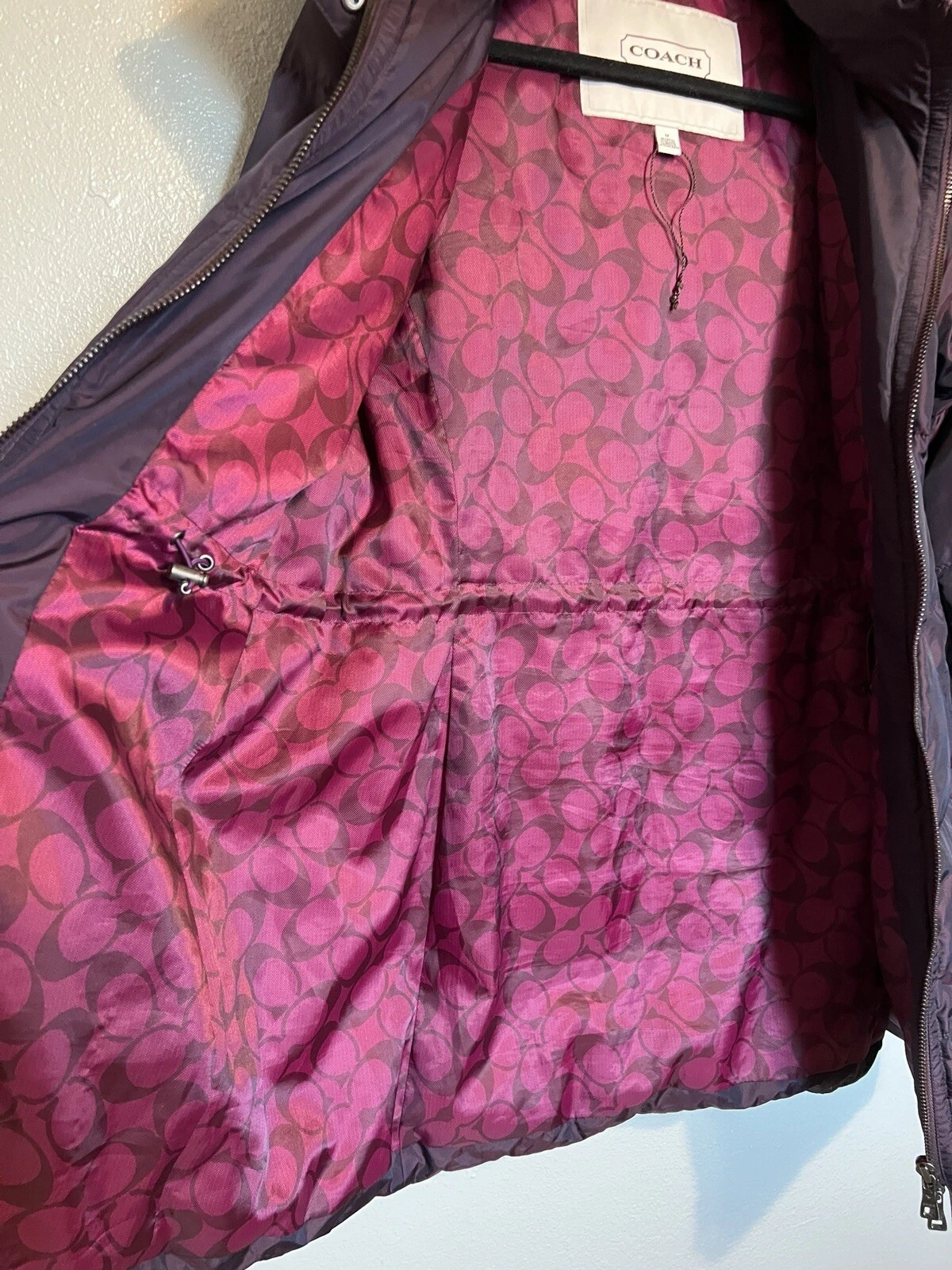 Coach donna trapuntato puffer coat giacca viola cintura piumino parka taglia media