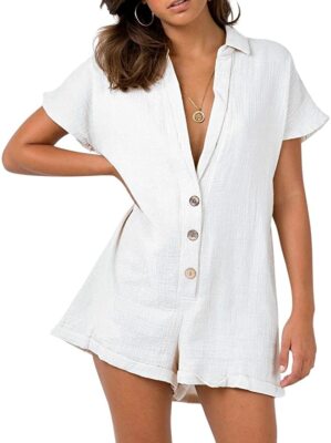 Women's Summer Cotton linen Deep V Neck Short Romper 3 Button Beach Overall Wh S