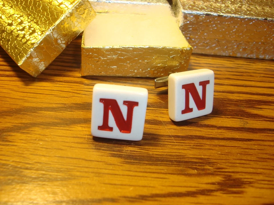 " N " Monogram Letter Initial SILVER Plated Cufflinks 1 Pair (Two) Red/White - Image 4 of 4