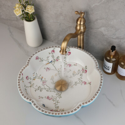 Blue & White Ceramic Vessel Sink With Gold Faucet & Drain – 16" Round Flower Design, Above-Counter Bathroom Bowl
