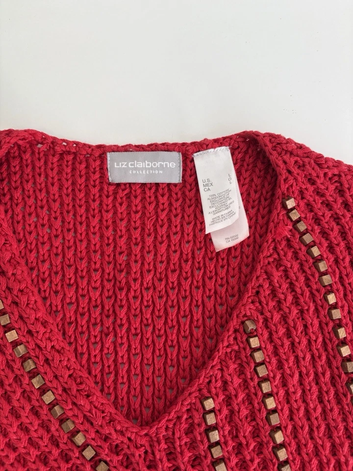 Liz Claiborne Womens Tank Top Red Knit Sleeveless Wooden Bead Crochet Size M - Image 4 of 4