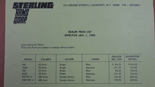 1980 Sterling ARMS Katalog .22-.45 PISTOLEN BACKPACKER .22 GEWEHR HÄNDLERPREIS LI - Bild 5 von 5
