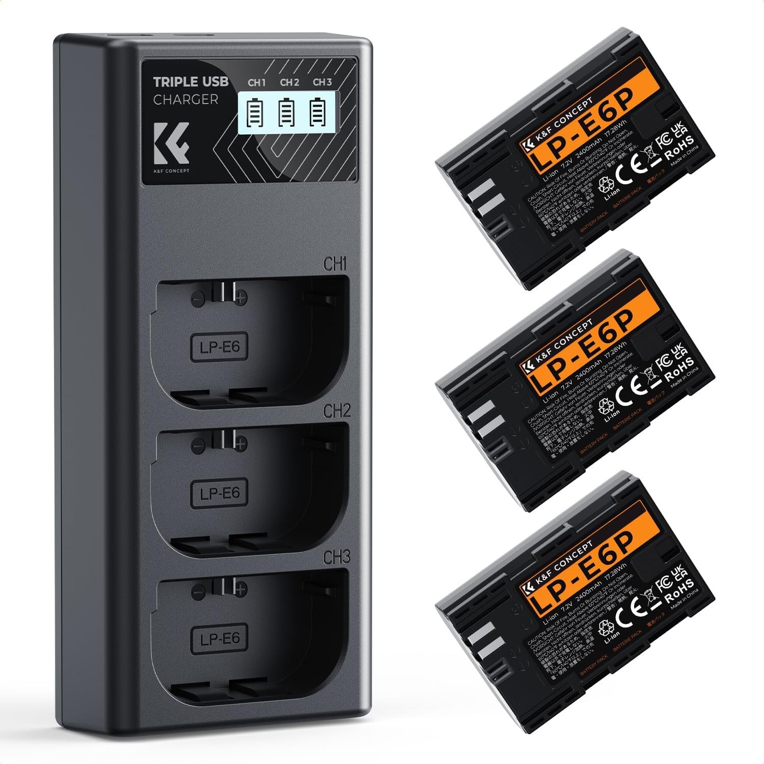 K&F CONCEPT 3 Pack LP-E6P Battery & Triple Charger Set 2400mAh for Canon EOS R5