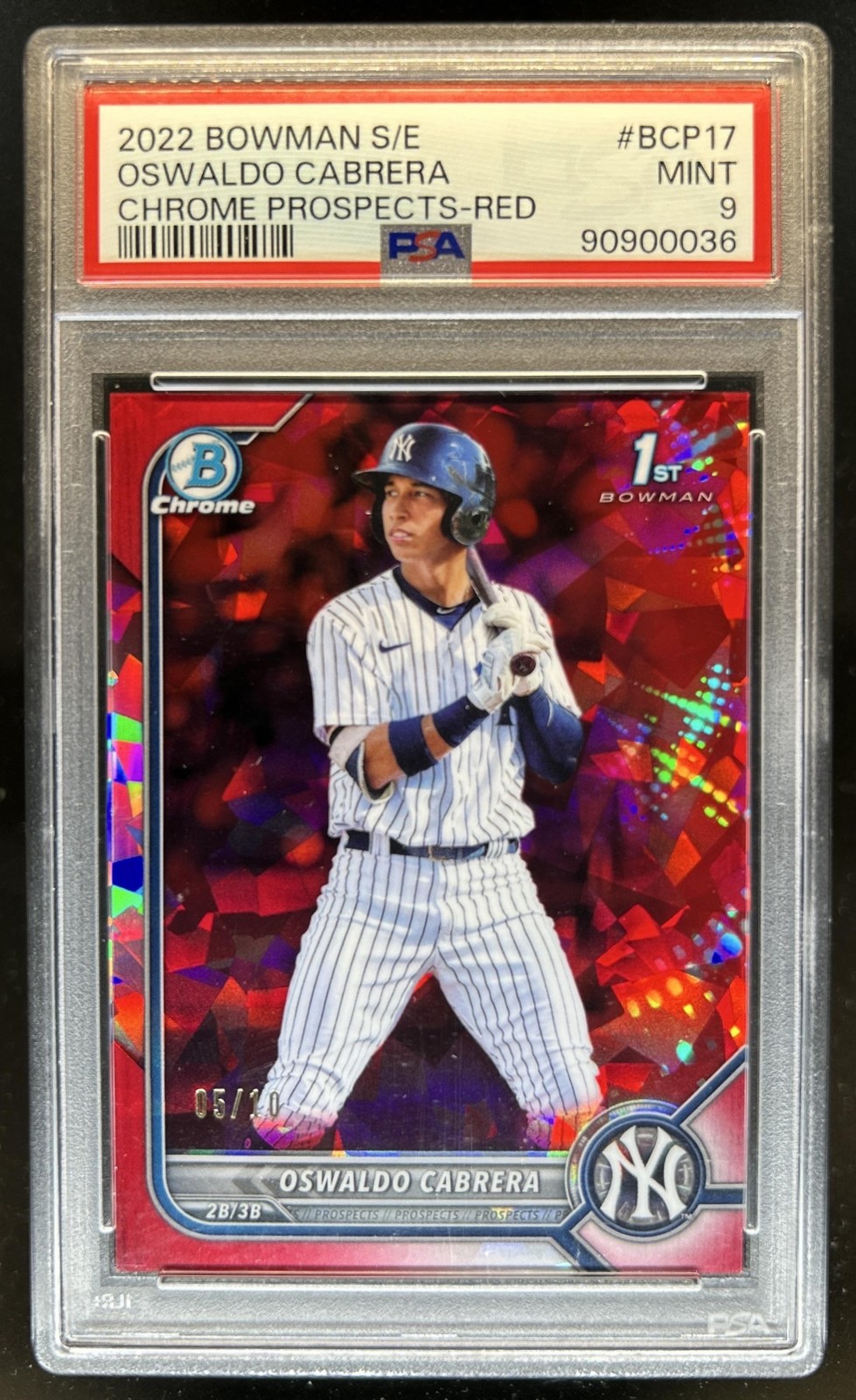 2022 Bowman Sapphire Oswaldo Cabrera Chrome Refractor Red 1st #/10 Yankees PSA 9 view 1