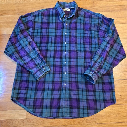 Camicia LL Bean vintage anni 90 viola verde velluto a coste 2XLT tartan outdoor opera d'arte - Foto 2 di 11