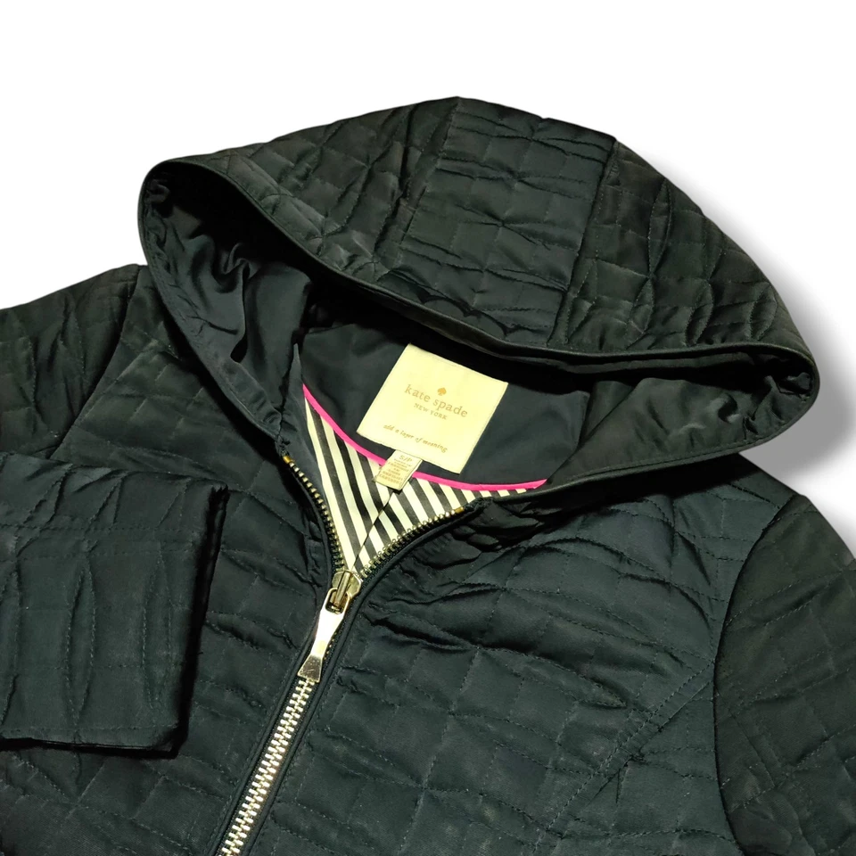 Abrigo largo acolchado Kate Spade New York chaqueta con cremallera para mujer pequeño con capucha azul marino Foto 4 de 4