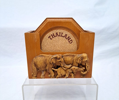Thai Elephant Family Handmade Rain Tree Wood Set Of 6 Cork Coasters & Holder