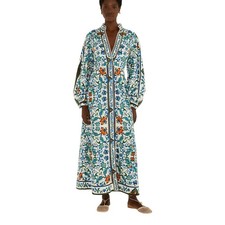 NWT Farm Rio Flora Tile Long Sleeve Button Up Maxi Dress Vacation White Blue M