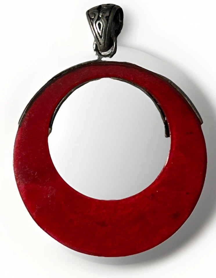 Colgante Disco Coral Rojo Plata Esterlina Hecho a Mano Estilo Bali Tailandés Rollo Foto 2 de 4
