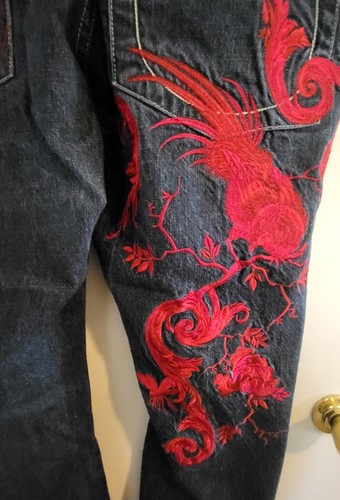 Pantalones de mezclilla Artful Dodger bordados pierna ancha rojos desgastados patinador Y2K de colección 42 x 34 - Imagen 3 de 10