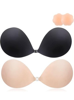 Push Up Adhesive Bra 2 Pack Backless Strapless Invisible Nude Black