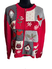 Vtg Croft Barrow Full Zip Christmas Sweater Cardinals L embroidered