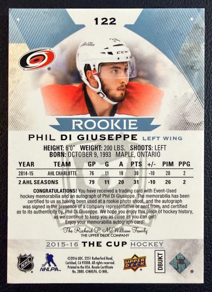 PHIL DI GIUSEPPE 2015-16 Upper Deck The Cup Rookie Patch Autographs 247/249 - Image 2 of 2
