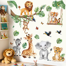 Safari Animals Wall Stickers Jungle Tree Branch Tropical Leaves Elephant Lion Wa