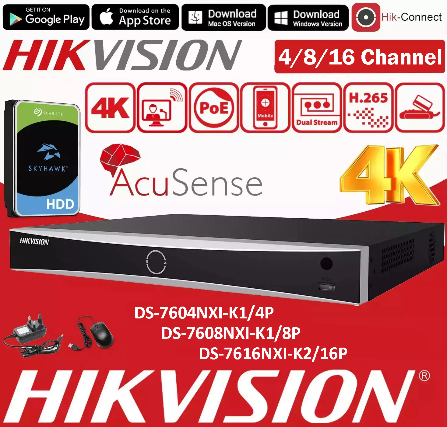 HIKVISION 8MP 4K NVR CCTV PoE System Colour 24/7 UKVISION Camera 2-Way Audio Kit