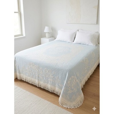 Vintage Bates Abigail Adams French Blue Bedspread Twin Fringe Matelasse Coverlet