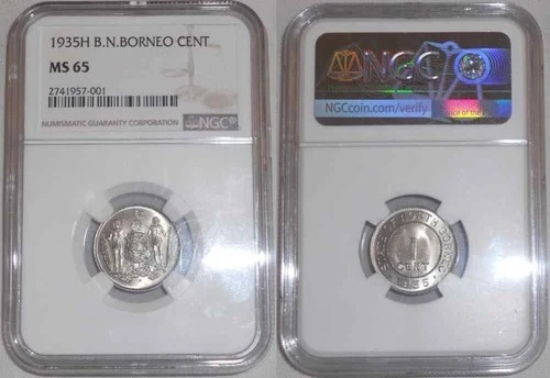 1935H Copper-Nickel Coin British North Borneo One Cent Uncirculated NGC MS 65