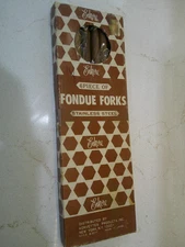 VINTAGE 6 PIECE SET OF ENKORE STAINLESS STEEL FONDUE FORKS IN ORIGINAL BOX