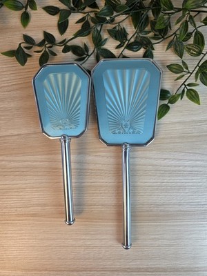 Art Deco Vintage blau Guilloche Stil Handspiegel & Pinsel Schminktisch Set