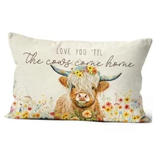 Highland Cow Wildflowers Farmhouse Decorative Throw Pillows Covers 12x20 Inch 