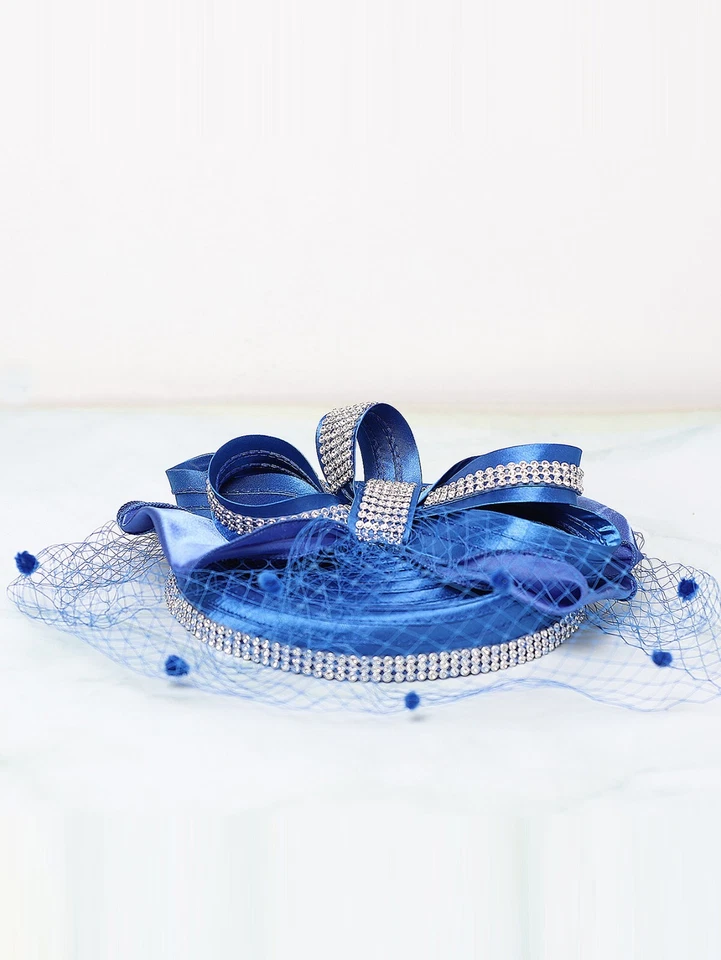 Королевский синий Fascinator шляпа для женщин Derby вечеринки Pillbox шляпы с бантом вуаль - Изображение 3 из 4