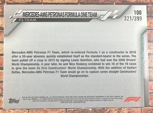 2020 Topps Chrome F1 Formula 1 Lewis Hamilton PURPLE Refractor /399 #100 - Picture 2 of 2