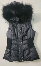 Guess Women's Vest Faux Fur Hooded Sleeveless Size Small Black Zip Buttons
