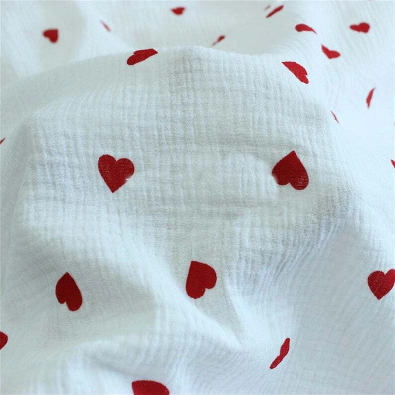 Red Hearts Prints Double Gauze Muslin Fabric 100% Cotton Dress Materials By Yard - Image 4 of 4