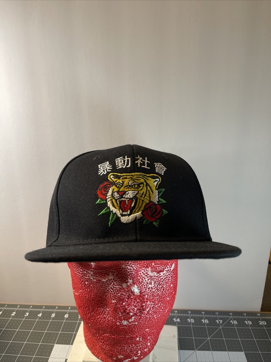Riot Society Black Snap Back Hat Cap Tiger With Roses Graphics NWT