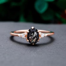 Black Rutile Quartz Ring 925 Sterling Silver Vintage Engagement Rings For Women