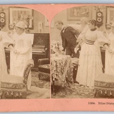 1897 Romance Cancelled Parents Kick Out Man Real Photo Corset Stereo Card V15
