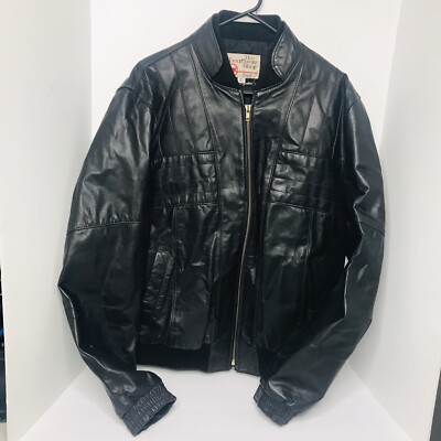 Vintage Sears Leather Shop Motorcycle Jacket 44 LARGE Black Cafe Racer Aviator